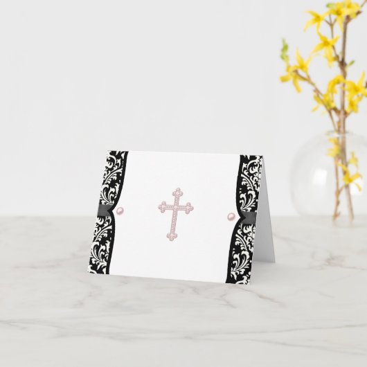 Roze Kruis en Zwarte Damask Dank u Kaarten (Gele Bloem)