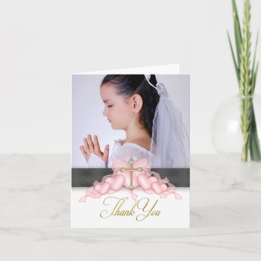 Roze Kruis Foto Eerste Communie Dank u Kaarten (Voorkant)
