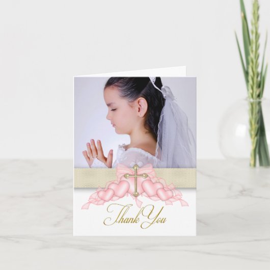 Roze Kruis Foto Eerste Communie Dank u Kaarten (Voorkant)