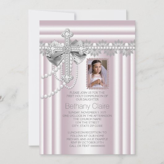 Roze Kruis Foto Eerste Communie Kaart (Voorkant)