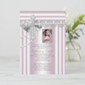 Roze Kruis Foto Eerste Communie Kaart (Staand voorkant)