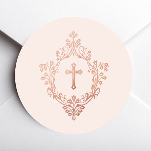 Roze Kruis in Wapen  Roze Goud Vintage Elegant Ronde Sticker