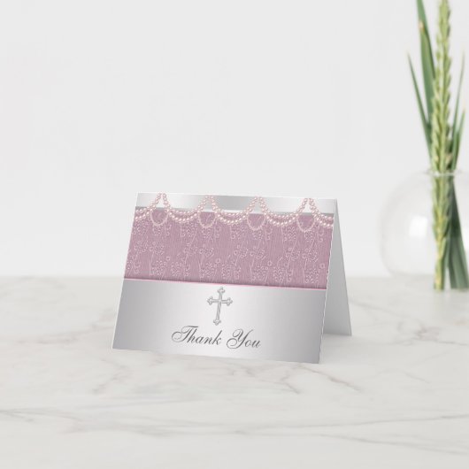 Roze Kruis Meisjes Doop Dank Kaarten (Voorkant)