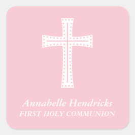 Roze Kruis Meisjes Eerste Communie Vierkante Sticker