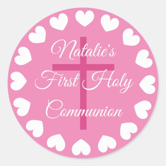 Roze kruis meisje's eerste heilige communie ronde sticker (Voorkant)