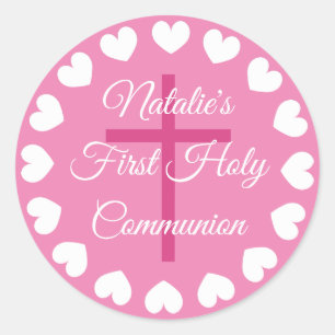 Roze kruis meisje's eerste heilige communie ronde sticker
