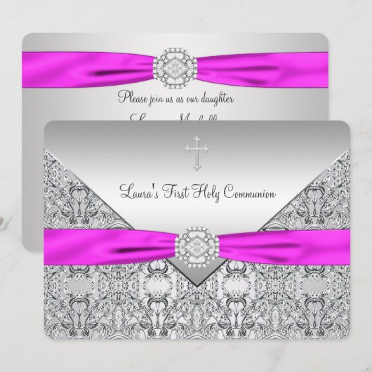Roze Kruis Meisjes Roze Eerste Communie Kaart (Voorkant / Achterkant)