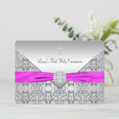 Roze Kruis Meisjes Roze Eerste Communie Kaart (Staand voorkant)