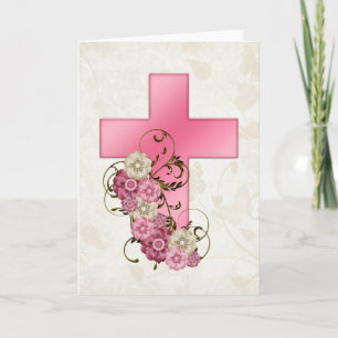 Roze Kruis met Bloemen 1 Christelijke Wenskaart Feestdagen Kaart