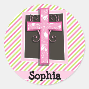 Roze kruis op roze en langgroene strepen ronde sticker