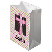 Roze Kruis op Roze & Lime Groene Strepen Medium Cadeauzakje (Voorkant Gekanteld)