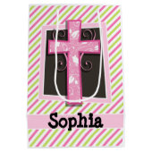 Roze Kruis op Roze & Lime Groene Strepen Medium Cadeauzakje (Achterkant)