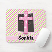 Roze Kruis op Roze & Lime Groene Strepen Muismat (Met muis)