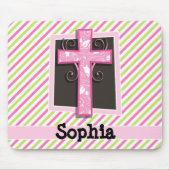 Roze Kruis op Roze & Lime Groene Strepen Muismat (Voorkant)