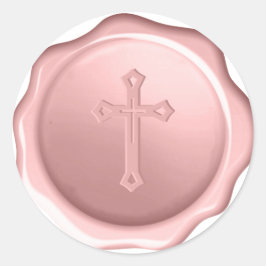 Roze kruis reliëf gedrukt stoffig roze waszegel ronde sticker