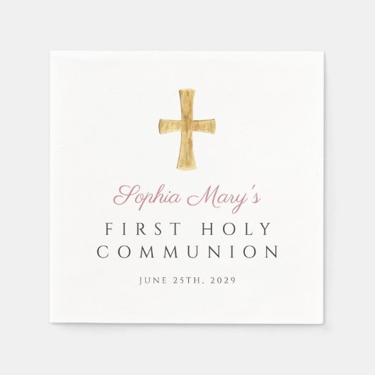 Roze Kruis Religieus Meisje Eerste Heilige Communi Servet (Voorkant)