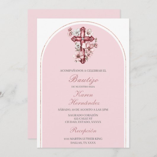 Roze kruisbeeld Doop Spaans Kaart (Voorkant / Achterkant)