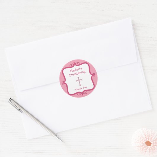 Roze Kruisdoop Ronde Sticker (Envelop)