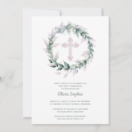 Roze Kruiskrans Eerste Communie Kaart (Voorkant)