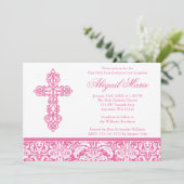 Roze  kruisramp meisje Eerste Heilige Communie Kaart (Staand voorkant)