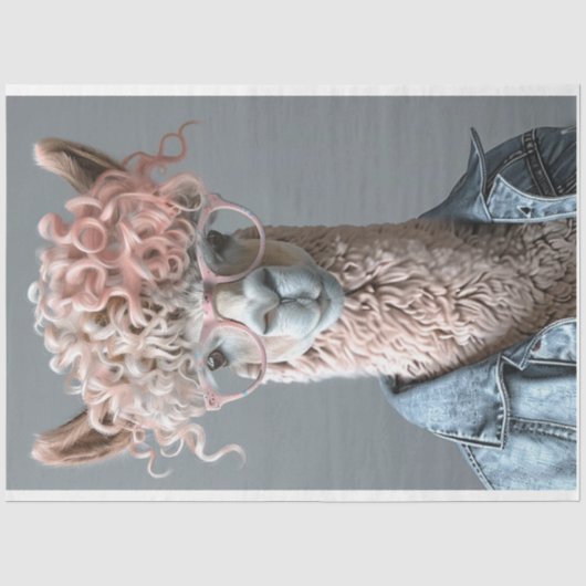 Roze krullend hoofd lama decoupage tissuepapier (Voorkant)
