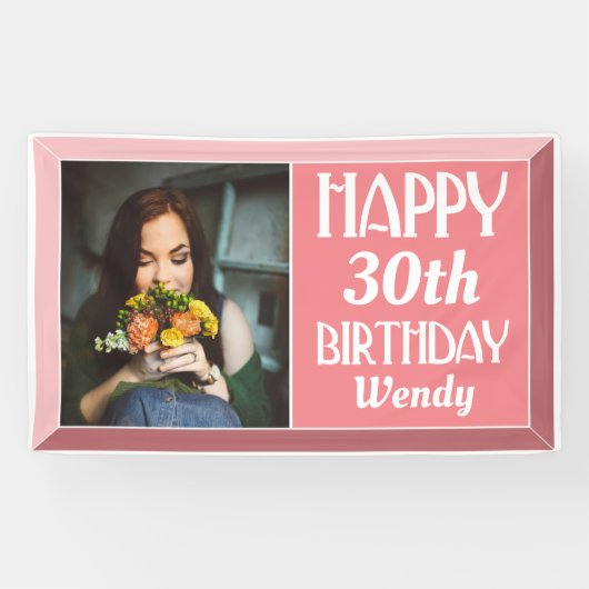 Roze kunst Deco Beveled Foto Birthday Spandoek (Horizontaal)