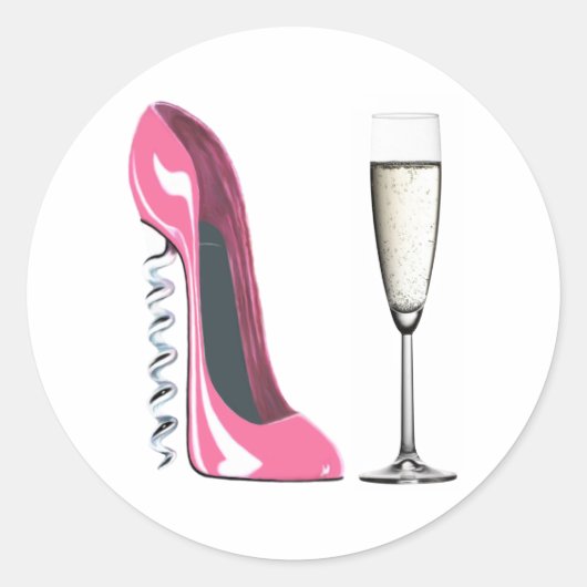 Roze Kurkentrekker Stilettoschoen en champagneglas Ronde Sticker (Voorkant)
