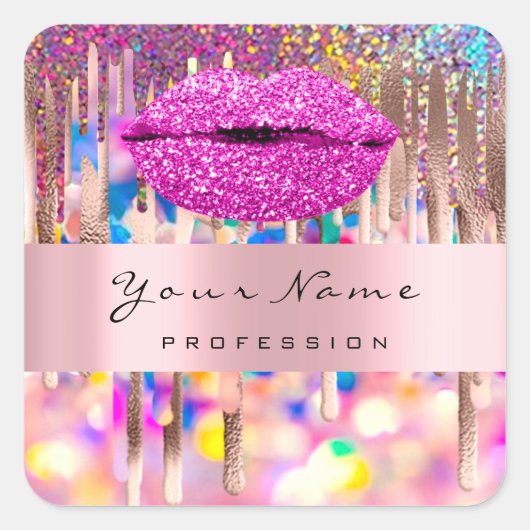 Roze kus Lips Glitter Holographic Business Name Vierkante Sticker (Voorkant)