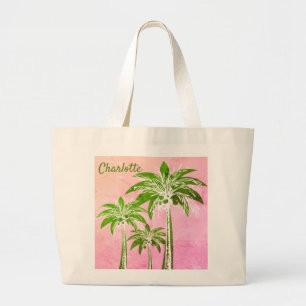 Roze Kust Ombre Groene Palm Tree Waterverf Naam Grote Tote Bag