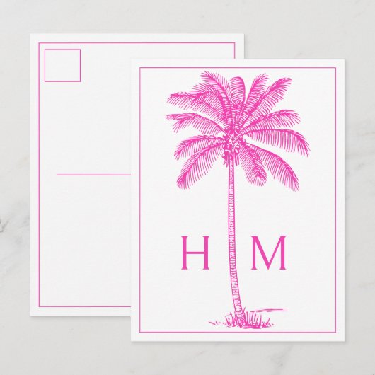 Roze Kust Palmetto Palm Monogram Briefkaart (Voorkant / Achterkant)