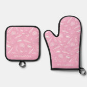 Roze kustschelp patroon ovenwant & pannenlap set (Voorkant)