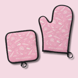 Roze kustschelp patroon ovenwant & pannenlap set