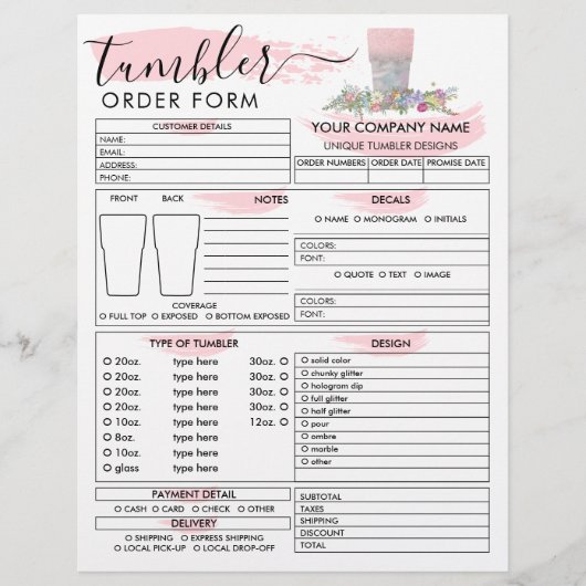 Roze Kwast Tumbler Mok Beker Bestelformulier Flyer (Voorkant)
