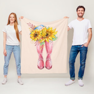 Roze laarzen, blauwe vogel en zonnebloemen fleece deken