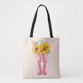 Roze laarzen, blauwe vogel en zonnebloemen tote bag (Voorkant)