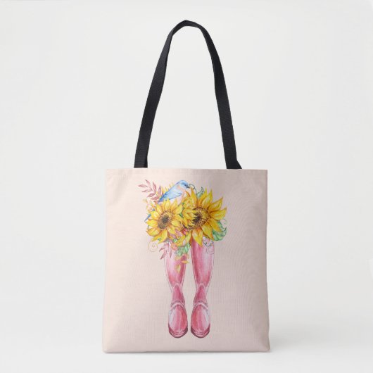 Roze laarzen, blauwe vogel en zonnebloemen tote bag (Voorkant)