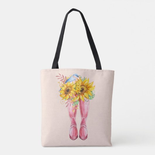 Roze laarzen, blauwe vogel en zonnebloemen tote bag (Achterkant)