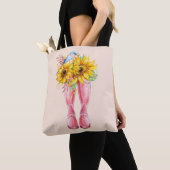 Roze laarzen, blauwe vogel en zonnebloemen tote bag (Dichtbij)