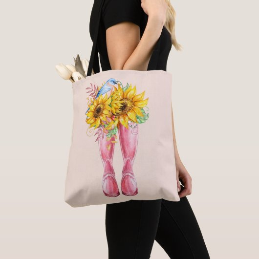 Roze laarzen, blauwe vogel en zonnebloemen tote bag (Dichtbij)