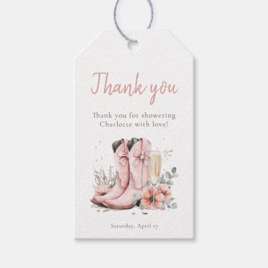 Roze Laarzen & Borrelende Champagneglas Bruidsdine Cadeaulabel (Voorkant)