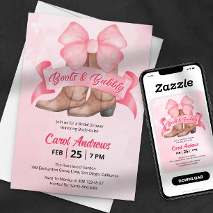 Roze Laarzen & Bruisende Strik Bruidsfeest Kaart