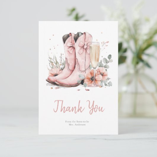 Roze laarzen & bubbelig champagneglas Vrijgezellen Bedankkaart (Staand voorkant)