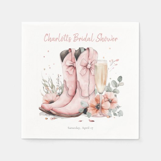 Roze laarzen & bubbelig champagneglas Vrijgezellen Servet (Voorkant)