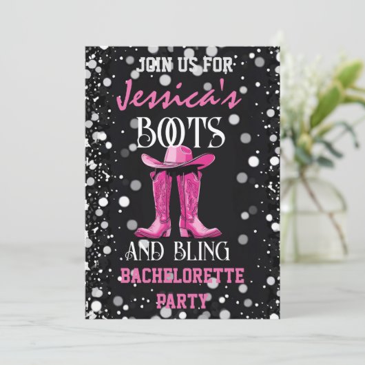 Roze laarzen en Bling Bachelorette Party Kaart (Staand voorkant)