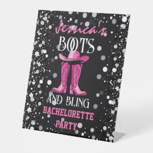 Roze laarzen en Bling Bachelorette Party Reclamebord Met Voetstuk