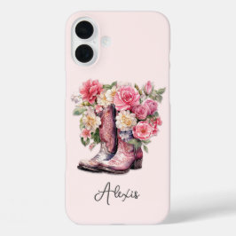 Roze laarzen met gebloemde monogram iPhone 16 plus hoesje