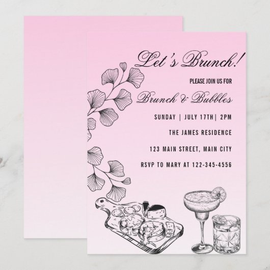 Roze laat Brunch, Brunch En Bubbles Kaart (Voorkant / Achterkant)