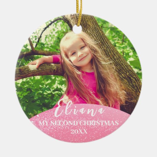 Roze Laat het Sneeuw Baby 2e Kerst Custom Foto Keramisch Ornament (Voorkant)