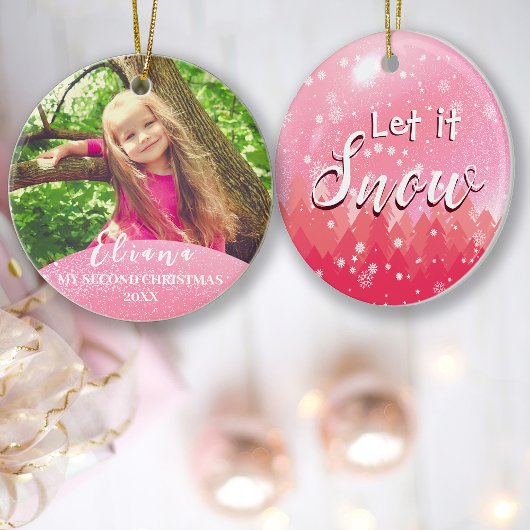 Roze Laat het Sneeuw Baby 2e Kerst Custom Foto Keramisch Ornament