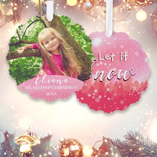 Roze Laat het Sneeuw Baby 2e Kerst Custom Foto Ornament Kaart